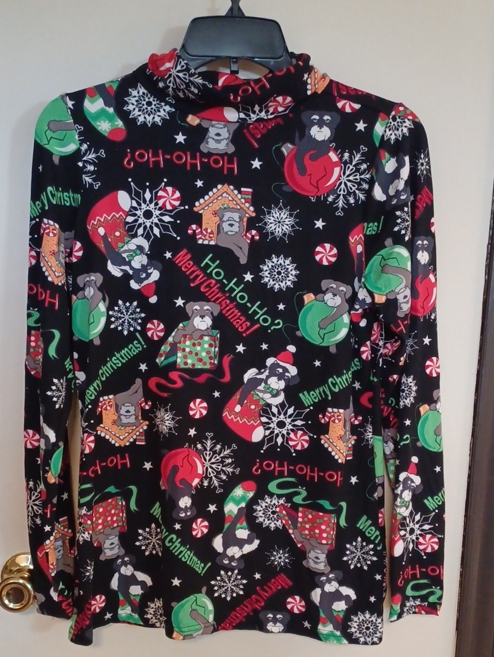 Black Long Sleeve Christmas Schnauzer Print Top